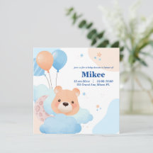 Schattige Beer in Clouds Baby shower Invitation Ka