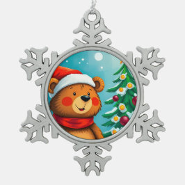 Schattige Beer in Kerstmannenhoed Naast Gedecoreer Tin Sneeuwvlok Ornament