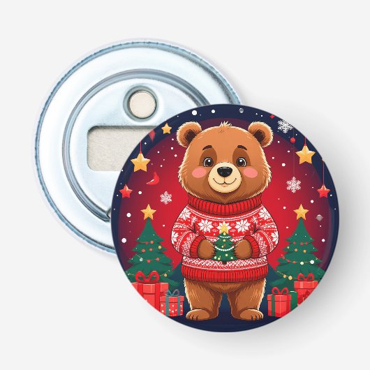 Schattige Beer In Kerstmuts Button Flesopener (Voorkant)