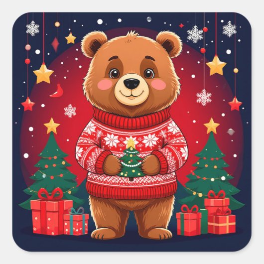 Schattige Beer in Kerstmuts Vierkante Sticker (Voorkant)