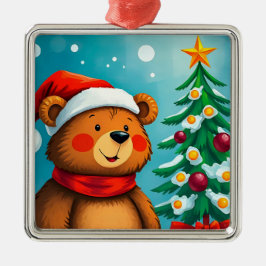 Schattige Beer in Santa Hat naast versierde kerst Metalen Ornament