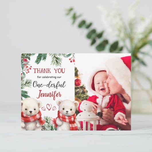 Schattige Beer Kerst 1° Verjaardag Dank u kaart (Staand voorkant)