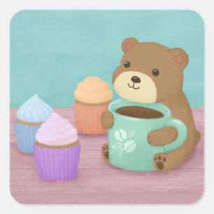 Schattige Beer, Koffie, en Cupcakes Illustratie Ku Vierkante Sticker