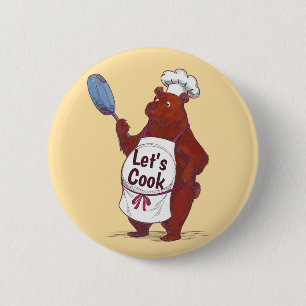 Schattige Beer Koken, Laten we koken Chefs cadeau Ronde Button 5,7 Cm