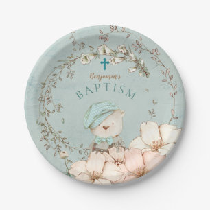 Schattige Beer laat jongen groen doopsel Papieren Bordje