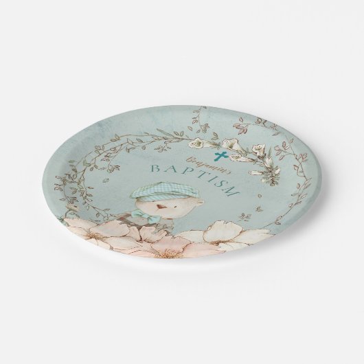  Schattige Beer laat jongen groen doopsel Papieren Bordje (Gekanteld)