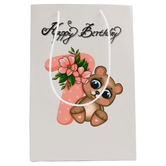 Schattige beer meisjes Verjaardag 7e Medium Cadeauzakje (Voorkant)