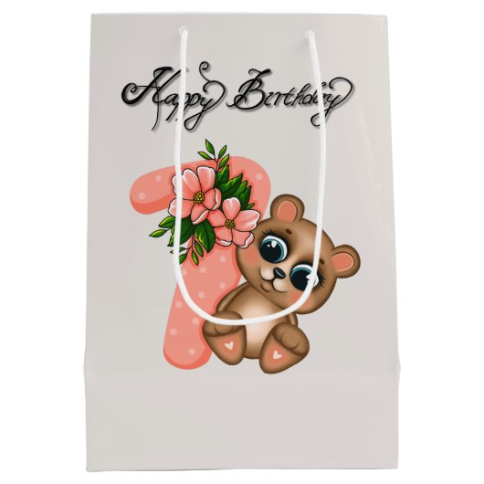 Schattige beer meisjes Verjaardag 7e Medium Cadeauzakje (Achterkant)