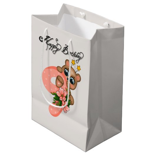 Schattige beer meisjes Verjaardag 9e Medium Cadeauzakje (Voorkant Gekanteld)