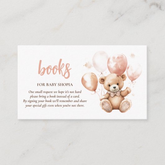 Schattige Beer met ballonnen | Baby Pink Informatiekaartje (Voorkant)