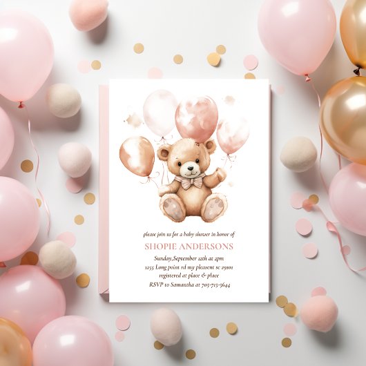 Schattige Beer met ballonnen | Baby Pink Kaart