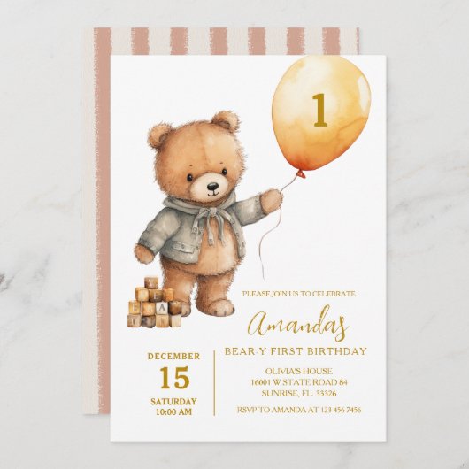 Schattige Beer met ballonnen eerste verjaardag Kaart (Voorkant / Achterkant)