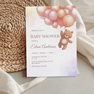 Schattige Beer met Balloons Baby shower Invitation Kaart