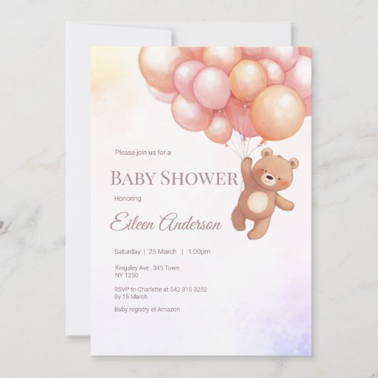 Schattige Beer met Balloons Baby shower Invitation Kaart (Voorkant)