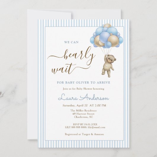 Schattige Beer met Balloons Blue Boy Baby shower Kaart (Voorkant)