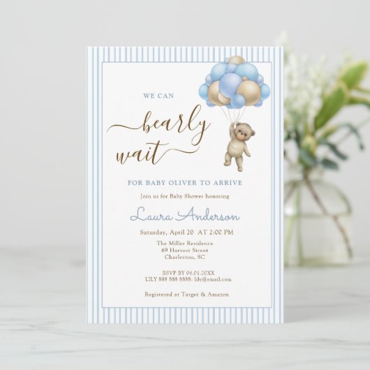 Schattige Beer met Balloons Blue Boy Baby shower Kaart (Staand voorkant)