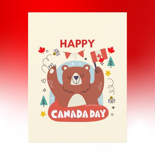 Schattige Beer met de Canadese vlag Happy Canada D Briefkaart