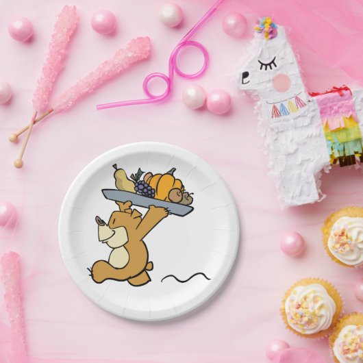 Schattige Beer met een feestelijke oogstschotel Papieren Bordje (Feest)