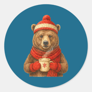 Schattige Beer Met Kerstman Hoed Koffie Liefhebber Ronde Sticker