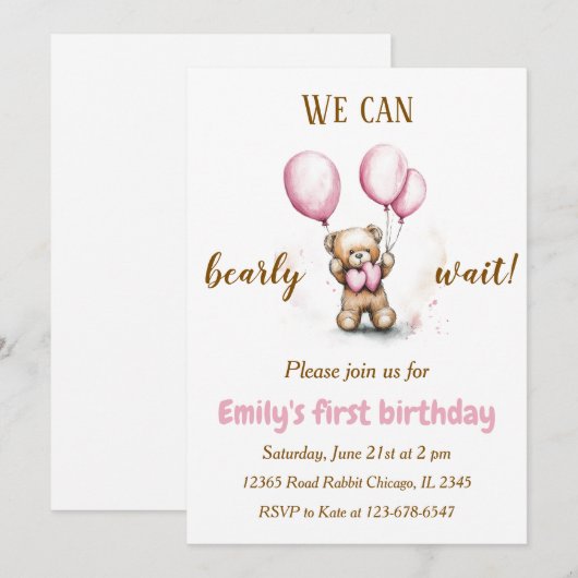 Schattige Beer met roze ballonnen | verjaardagsuit Kaart (Voorkant / Achterkant)