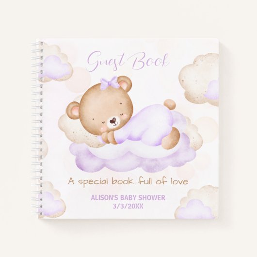 Schattige Beer Paarse Meisje Baby shower Gastenboe Notitieboek (Voorkant)