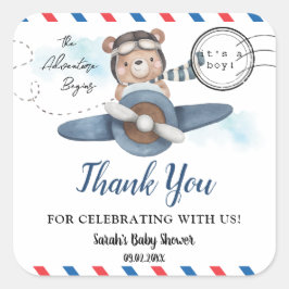 Schattige Beer Plane Adventure Begins Boy Baby sho Vierkante Sticker