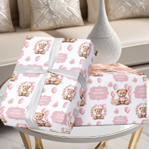 Schattige Beer Roze 1e Verjaardag Naam Verpakkings Cadeaupapier