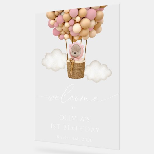 Schattige Beer, roze ballonnen, eerste verjaardag  Acryl Bord (Hoek)