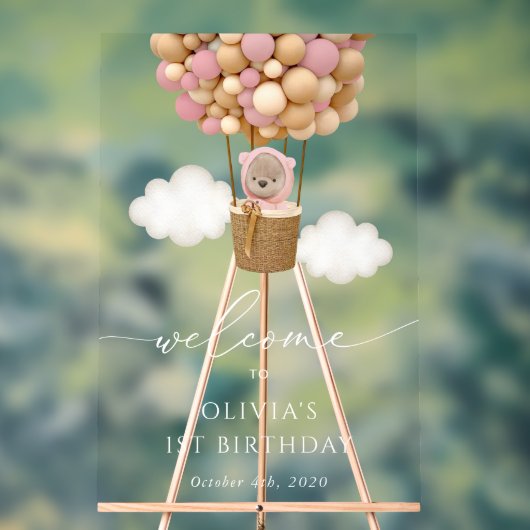 Schattige Beer, roze ballonnen, eerste verjaardag  Acryl Bord (Neutraal)