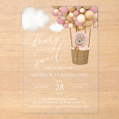 Schattige Beer, roze ballonnen, eerste verjaardag Acryl Uitnodigingen (Voorkant)