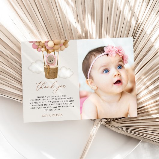 Schattige Beer, roze ballonnen, eerste verjaardag Bedankkaart