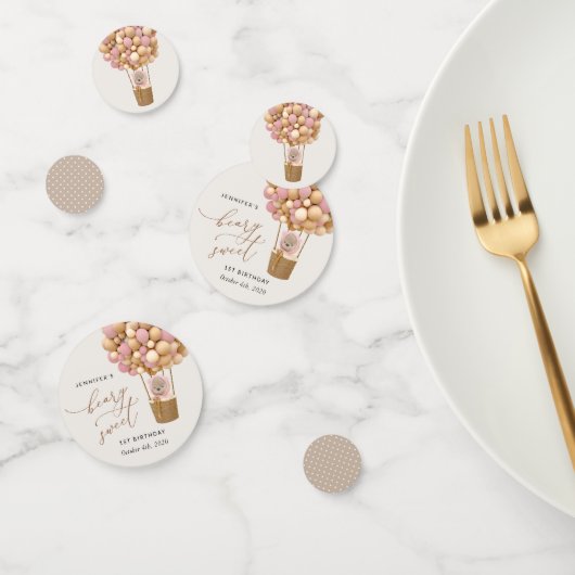 Schattige Beer, roze ballonnen, eerste verjaardag Confetti (Groep)