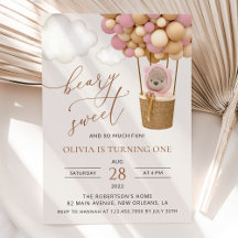 Schattige Beer, roze ballonnen, eerste verjaardag