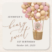 Schattige Beer, roze ballonnen, eerste verjaardag Kartonnen Onderzetters (Voorkant)