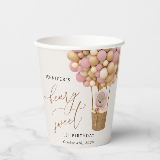 Schattige Beer, roze ballonnen, eerste verjaardag Papieren Bekers (Voorkant)
