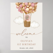 Schattige Beer, roze ballonnen, eerste verjaardag  Poster (Voorkant)