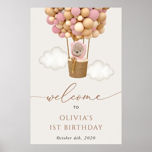 Schattige Beer, roze ballonnen, eerste verjaardag  Poster (Voorkant)