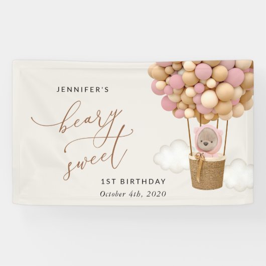 Schattige Beer, roze ballonnen, eerste verjaardag  Spandoek (Horizontaal)
