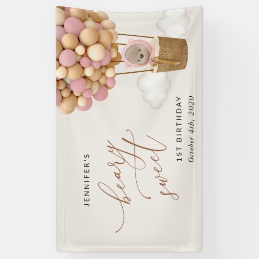 Schattige Beer, roze ballonnen, eerste verjaardag  Spandoek (Verticaal)