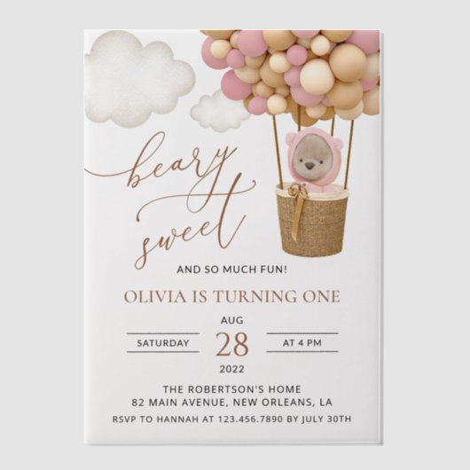 Schattige Beer, roze ballonnen, eerste verjaardag Vellum Uitnodigingen (Voorkant)