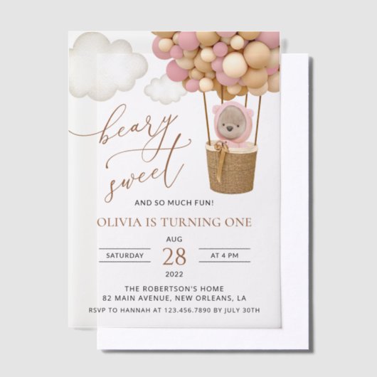 Schattige Beer, roze ballonnen, eerste verjaardag Vellum Uitnodigingen (Offset)