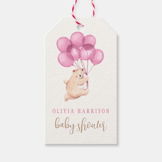 Schattige Beer Roze Balloon Baby shower Cadeaulabel (Voorkant)