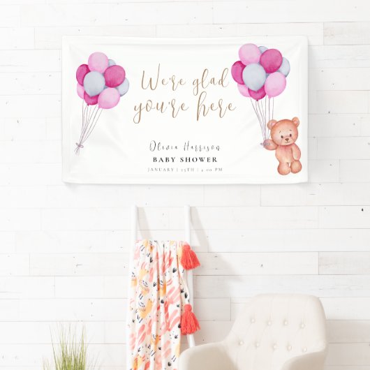 Schattige Beer Roze Balloon Baby shower Welkomstbo Spandoek (Insitu)