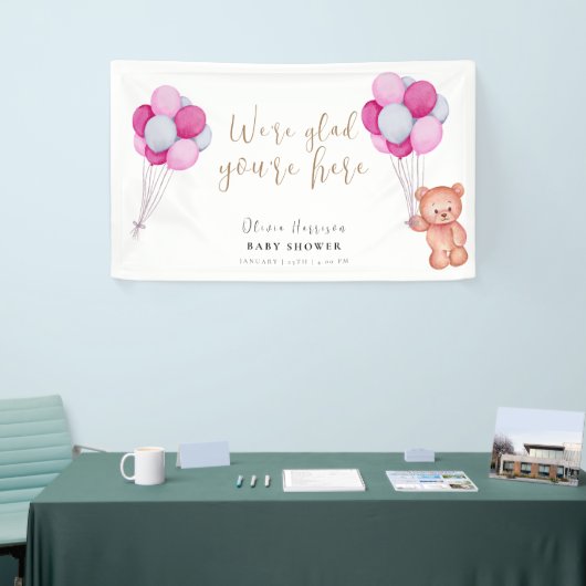 Schattige Beer Roze Balloon Baby shower Welkomstbo Spandoek (Beurs)
