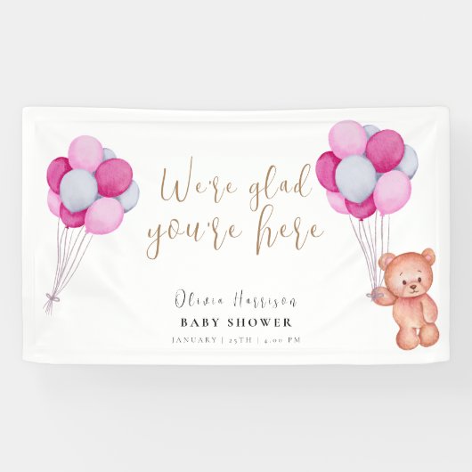 Schattige Beer Roze Balloon Baby shower Welkomstbo Spandoek (Horizontaal)