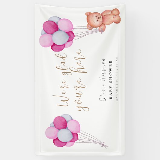 Schattige Beer Roze Balloon Baby shower Welkomstbo Spandoek (Verticaal)