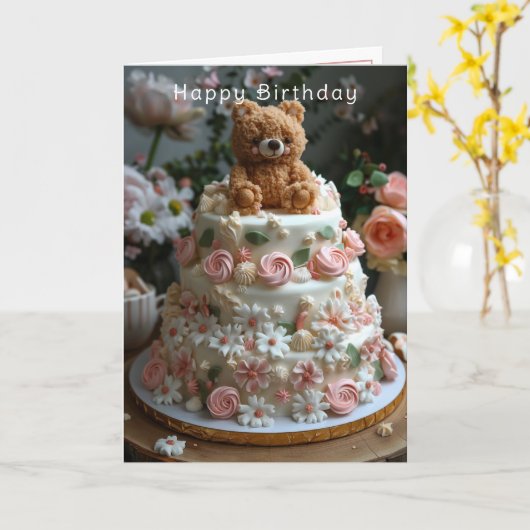 Schattige Beer Roze Rozen Witte Daisies Happy Birt Kaart (Gele Bloem)