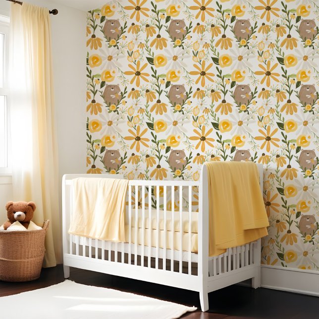 Schattige Beer & Sweet Honey Bijengeel Wildflower Behang (Cute Bear & Sweet Honey Bee Yellow Wildflower Wallpaper)
