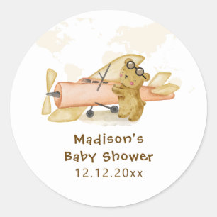 Schattige Beer Verkenner Wereldkaart Vliegtuig Bab Ronde Sticker