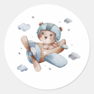 schattige beer vliegend in een vliegtuig waterverf ronde sticker